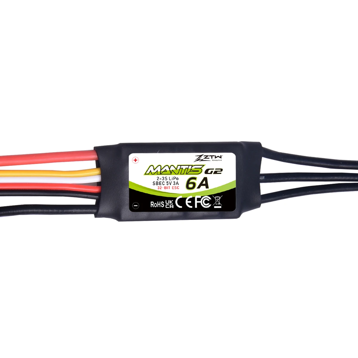 Controle de velocidade sem escova para avião RC, drone de asa fixa, ZTW 32-Bit Mantis G2 6A ESC 2-3S, comutação embutida, BEC, 5V, 3A