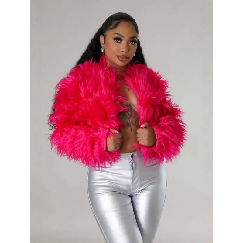 Womens Shaggy Faux Fur Cropped Coat Open Front Long Sleeve Short Jacket Fashion Party Nightclub Outerwear