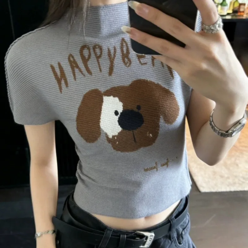 

Miyake Pleated 2026 Original New High-End Puppy Print Women's Textured Corn Grain Slim Fit Fashion Casual Top Summer Shirt Pleat