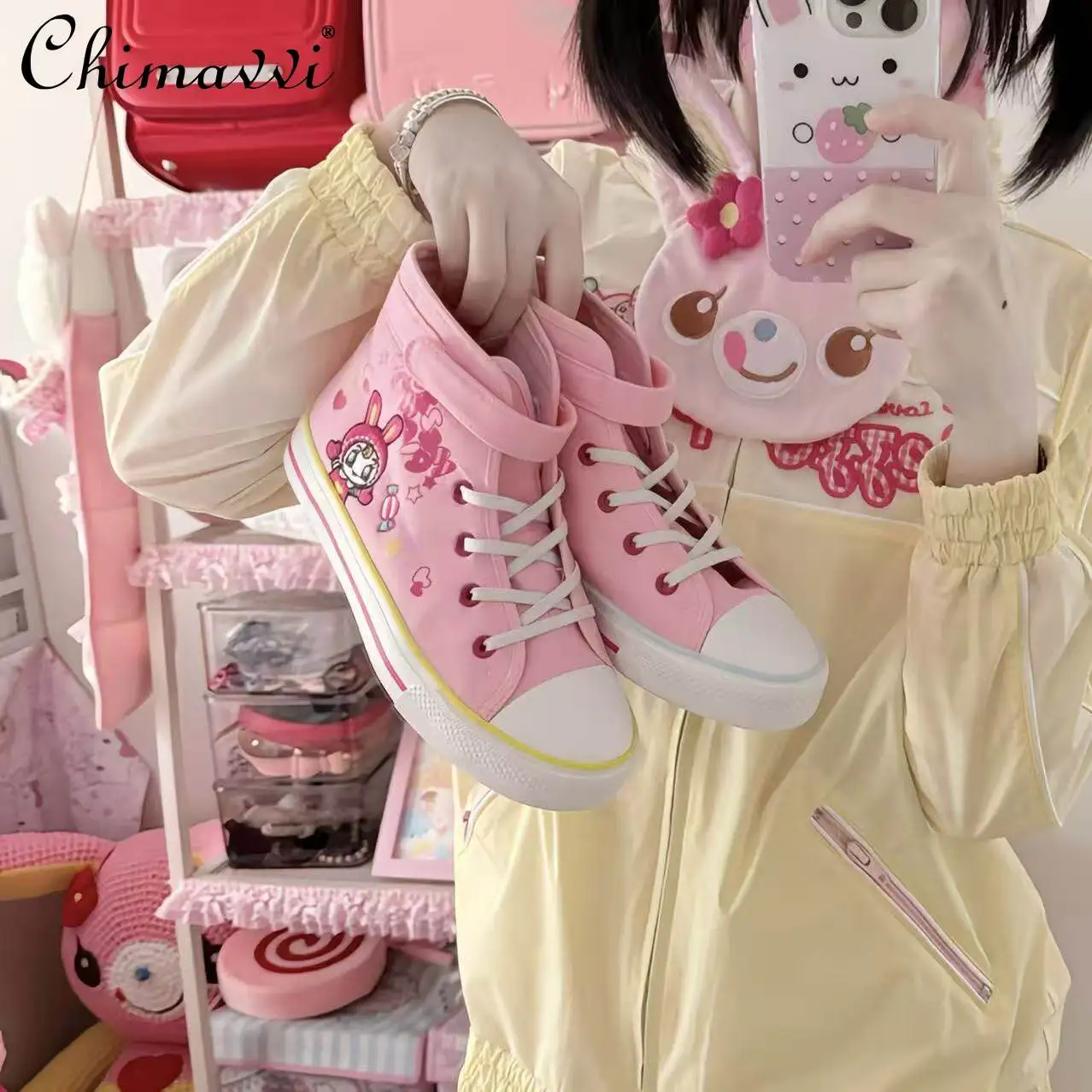 

Japanese Style Fashion Cute Girl Students Cartoon Embroidery Pink Canvas Shoes New Spring Women's Casual Shoes Kawaii Flats