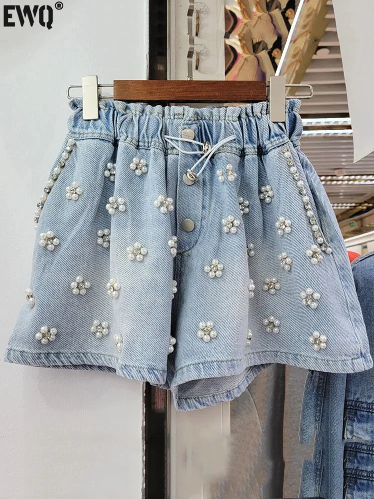 

[EWQ] Fashion Flower Diamond Studded Nail Beads High Waist Drawstring Wide Leg Women's Denim Shorts 2024 Spring Summer 16U9619