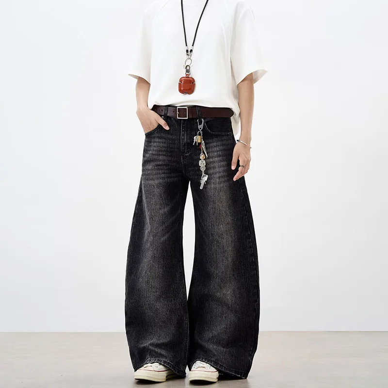 الكورية الخريف والشتاء الرجال الجينز الخيزران منقوشة سكين منحني الجينز فضفاض مستقيم الساق السراويل متوهج قليلا بنطال ذو قصة أرجل واسعة