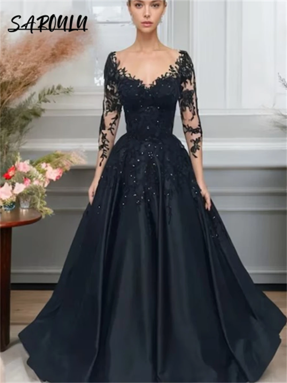 Gothic Schwarzes Hochzeitskleid Tüll Spitze Applikationen Ballkleid Maskerade Ballkleid Illusion Lange Ärmel Brautkleid Partykleid