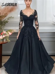 Abito da sposa nero gotico Abito da ballo in tulle con applicazioni di pizzo Abito da ballo in maschera Illusion Abito da sposa a maniche lunghe Abito da festa