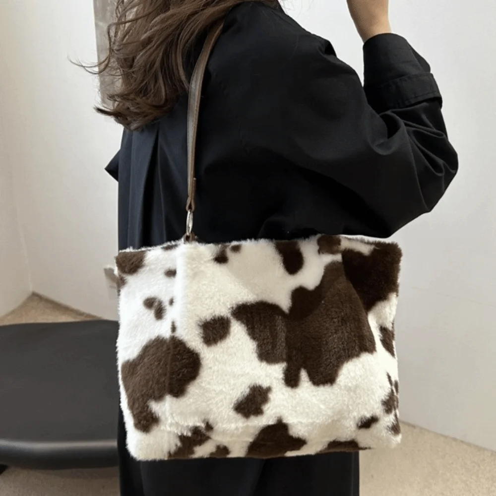 Gift Large Capacity Tote Bag Durable Fluffy Cow Print Shoulder Bag Soft Versatile Underarm Bag Women
