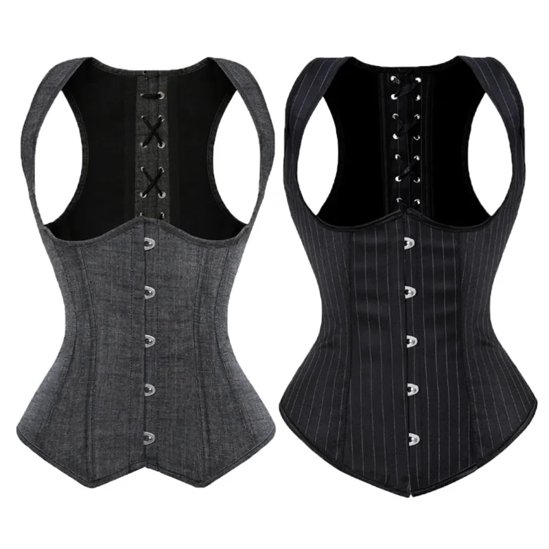 Steel Boned Underbust Corset Plus Size Waist Trainer Steampunk Corset with Straps Gothic Corset Underbust Lace Up Back Stripe MS