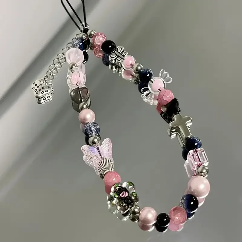 Preto rosa morango borboleta cruz telefone corrente charme pulseira de pulso chaveiro celular cordão menina chaveiro presentes do telefone móvel
