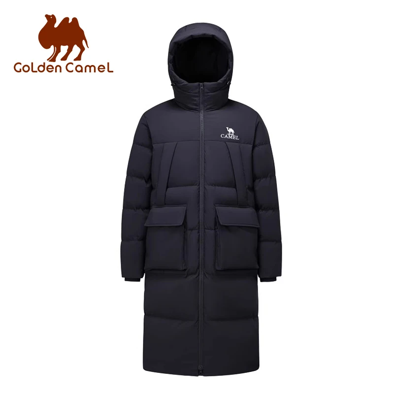 GOLDEN CAMEL Long Over-the-Knee Down Jackets Hooded Thick Warm Windproof White Duck Men And Women Outdoor Coats -25℃