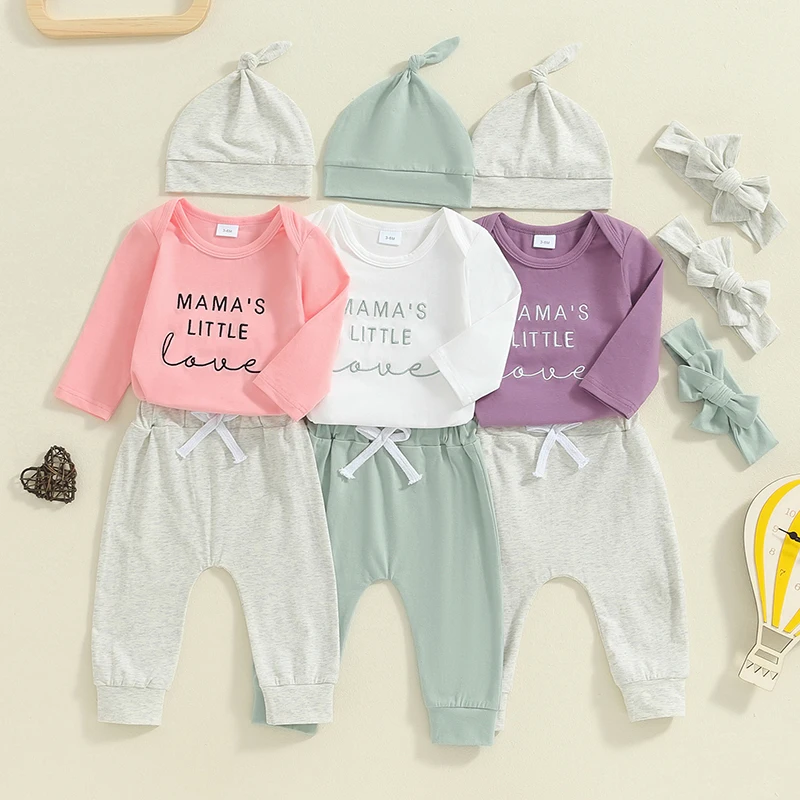 

Baby Clothes Sets Newborn Infant Girls Spring Fall Letter Embroidery Long Sleeve Romper Pants Hat Headband Toddler Outfits 0-18M