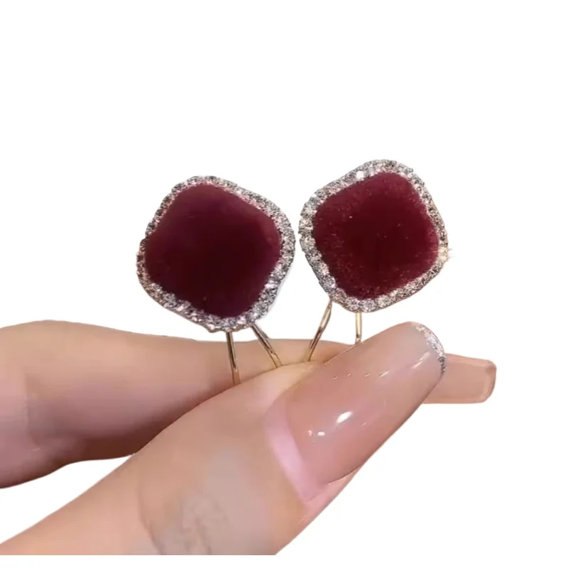 925 Silver Needle Autumn and Winter Burgundy Flocking Square Diamond Stud Earrings Light Luxury Premium Earrings