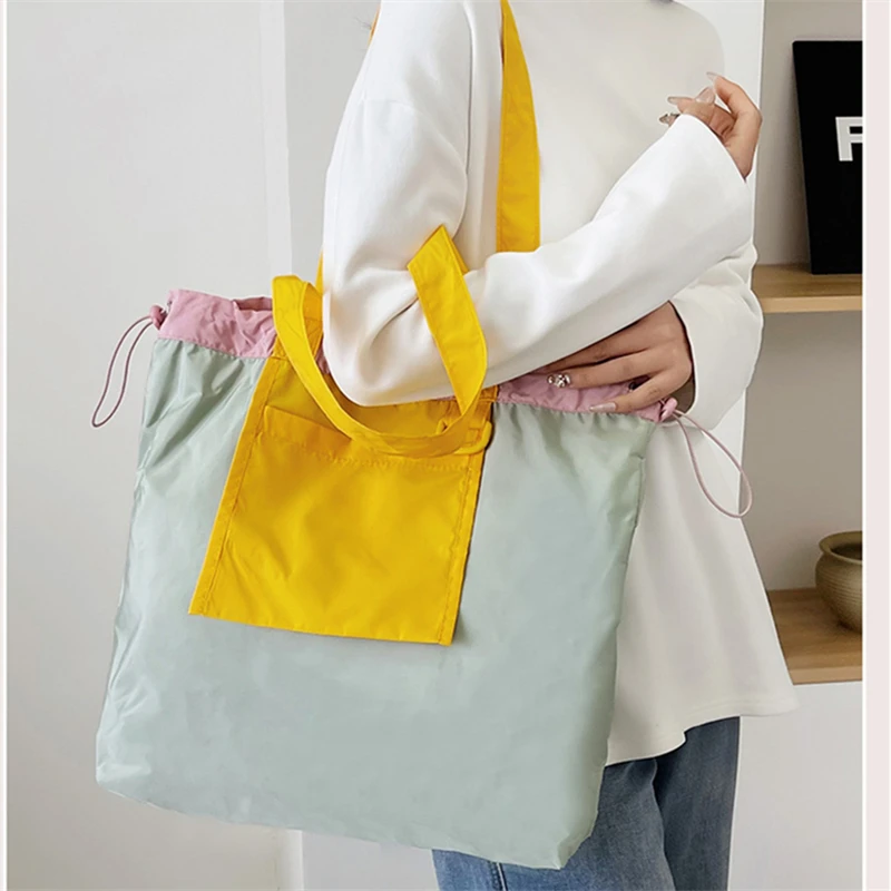 Pink Folding Shopper Drawstring Pouch Large Capacity Storage Bags for Women Color-matching Waterproof Travel Wash Bag