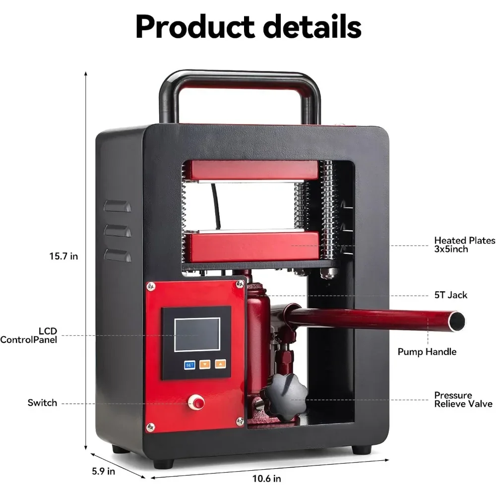 أطقم المطاعم ماكينة ضغط حراري هيدروليكية محمولة 5 طن 2.3 × 4.7 بوصة لوحة تسخين مزدوجة، أحمر/أسود #3