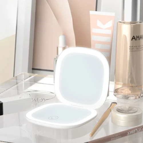 Imagen 2 del producto Mini espejo de maquillaje con carga portátil, plegable, compacto, con aumento Led 5x/10X, con luz, bolsillo pequeño, compacto para viaje