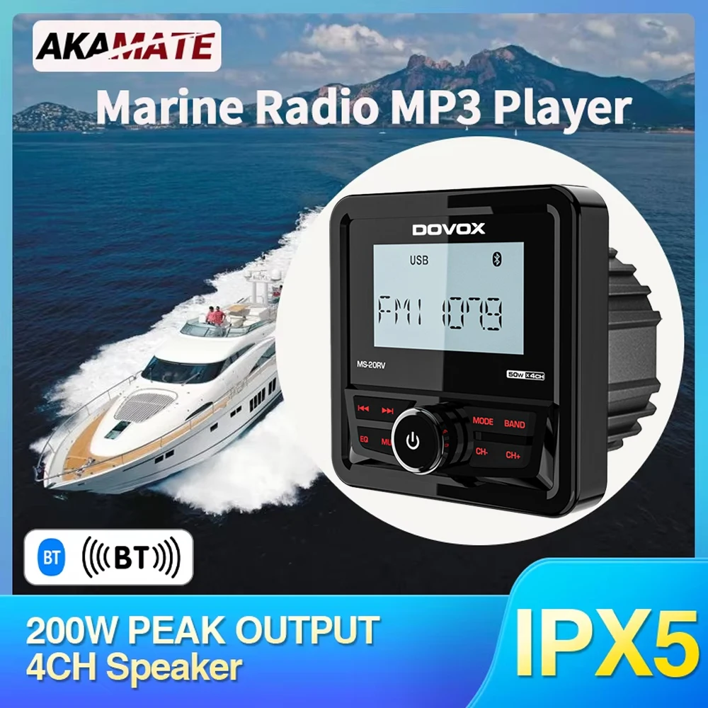 

Boat Radio Square Marine Stereo FM AM Media Player Waterproof Bluetooth FM Receiver Color Button Light for RV UTV ATV SPA RZR