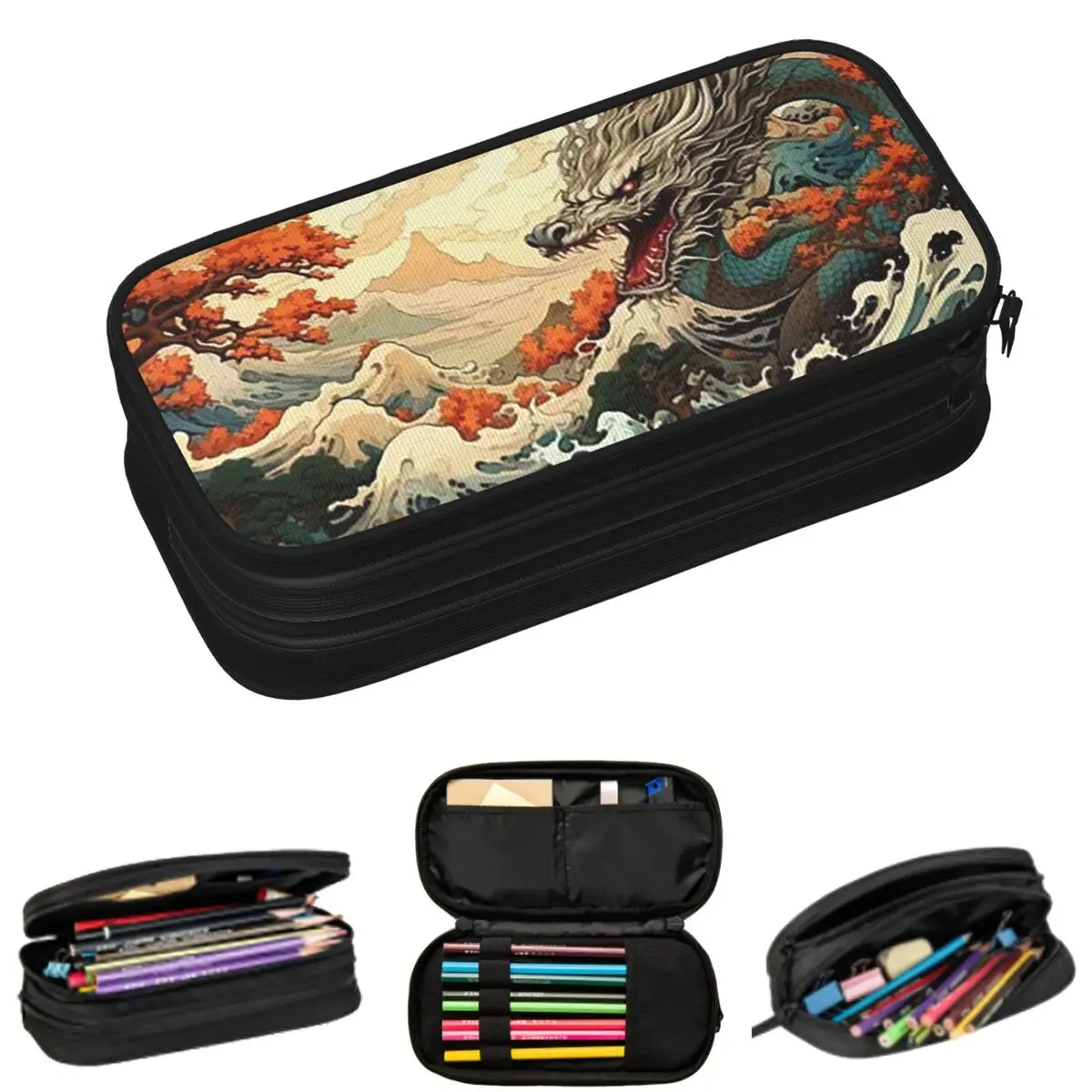 

Винтажные пеналы с изображением дракона и волн для студентов, подарочные пеналы, коробки для ручек, сумки для карандашей, большие пеналы для хранения.