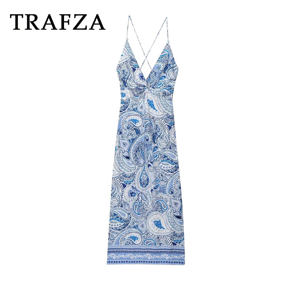 

TRAFZA Chic Sexy Vintage Print Blue Backless Woman Dress Fashion 2025 Summer Holiay Elegant Split Dress Long Mujer Beach Vestido