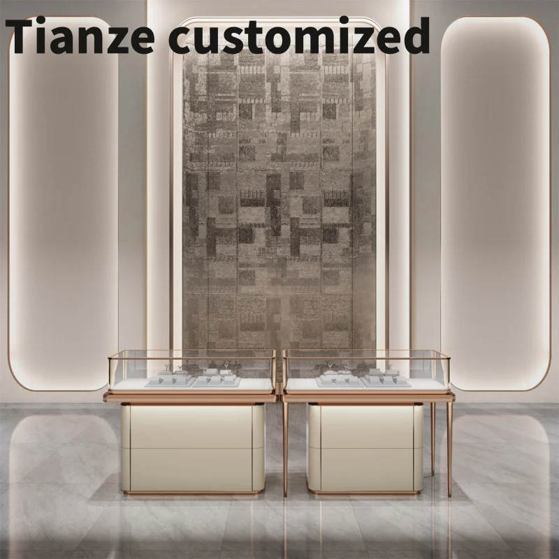 

Customized-2023 new style luxury man unique fine brushed pu st mobile center brown pandoru jewelry display showcase with lock