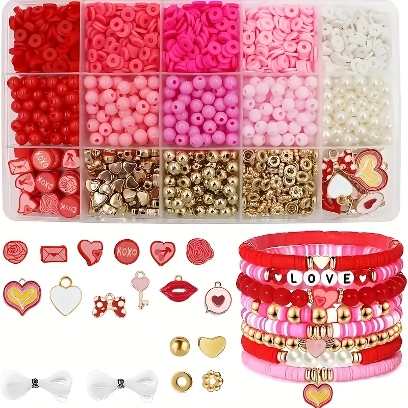 2800 pieces of Valentine's Day love themed bead bracelets made of pink, red, and soft ceramic love jewelry DIY art crafts access