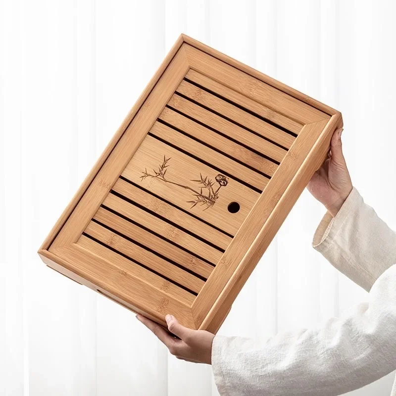 Chinese Natural Bamboo Wood Tea Tray Rectangular Kung Fu Board Tea Matcha Serving Trays Decorative