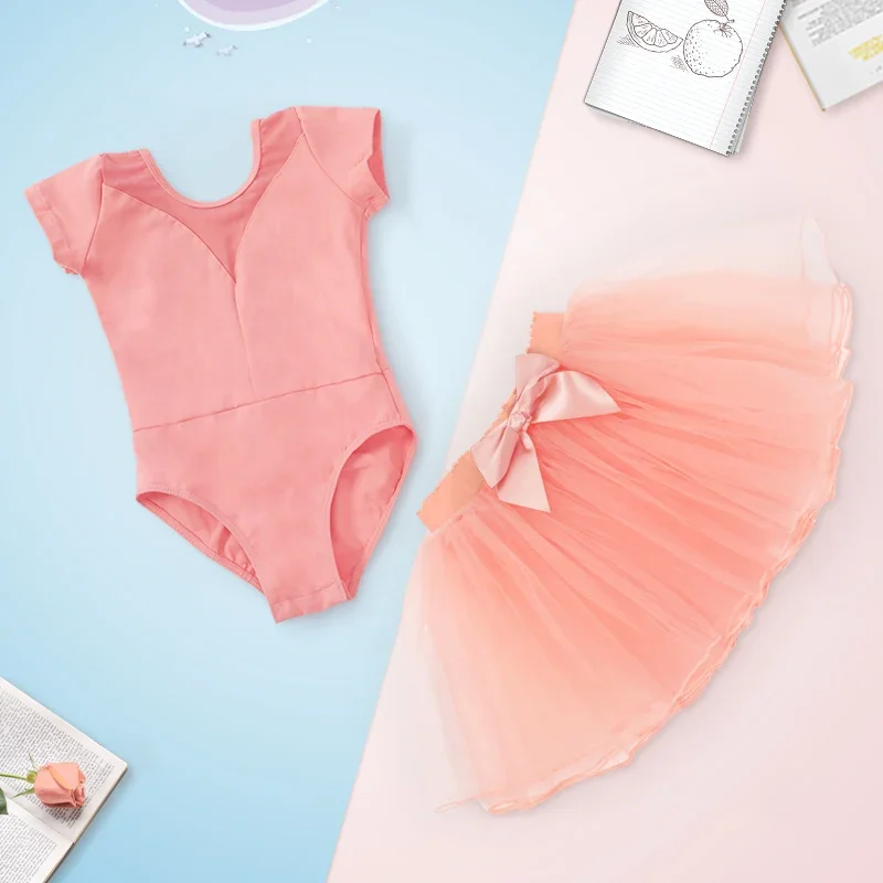 Girls Ballet Leotard Splicing Dance Leotards Gym Long Sleeve Dance Clothing Kids Pink Short Sleeve Ballet Bodysuits Swimwear