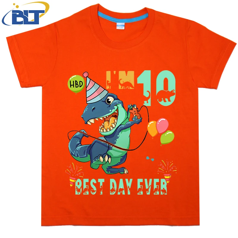 Camiseta con estampado de dinosaurio divertido para niños, top informal de manga corta de algodón de verano, adecuado para niños y niñas, 10 ° cumpleaños