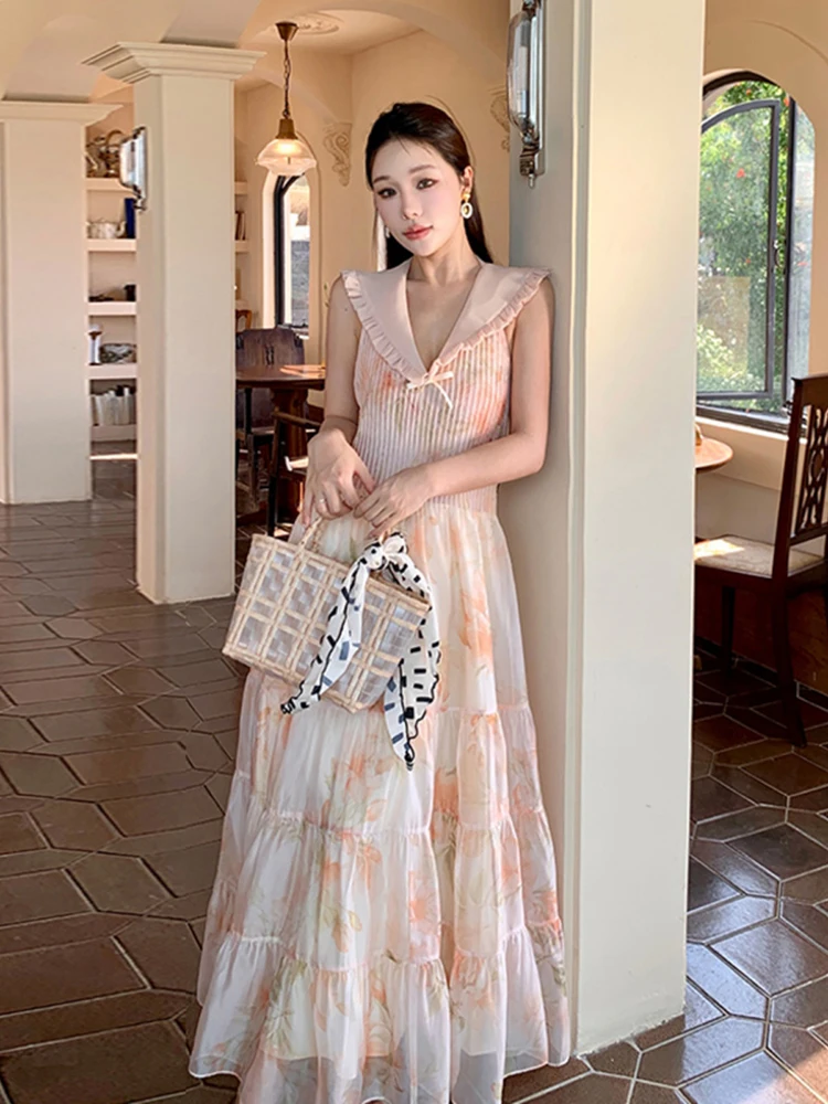 

2025 Korean Style Fashion Bodycon Dress Women Summer Floral Mesh Patchwork Ruffled Doll Collar Temperament Long Dress