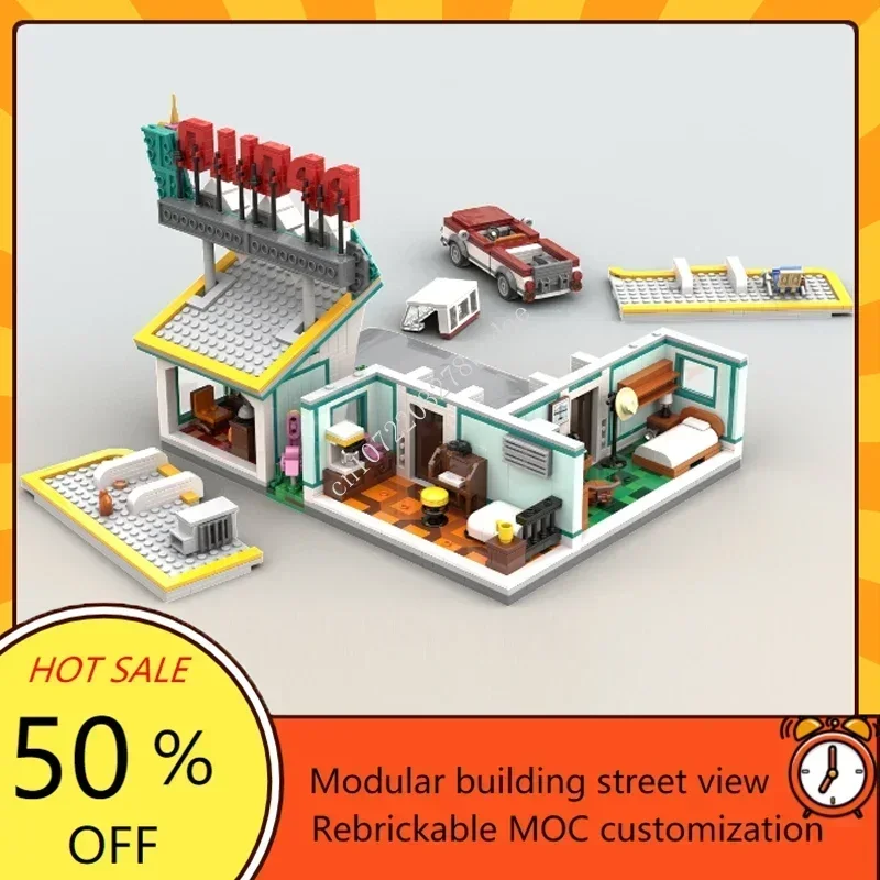 

1631 шт., модульная модель MOC Motel Street View, строительные блоки, технологические кирпичи, сделай сам, креативная сборка, игрушки, подарки для детей