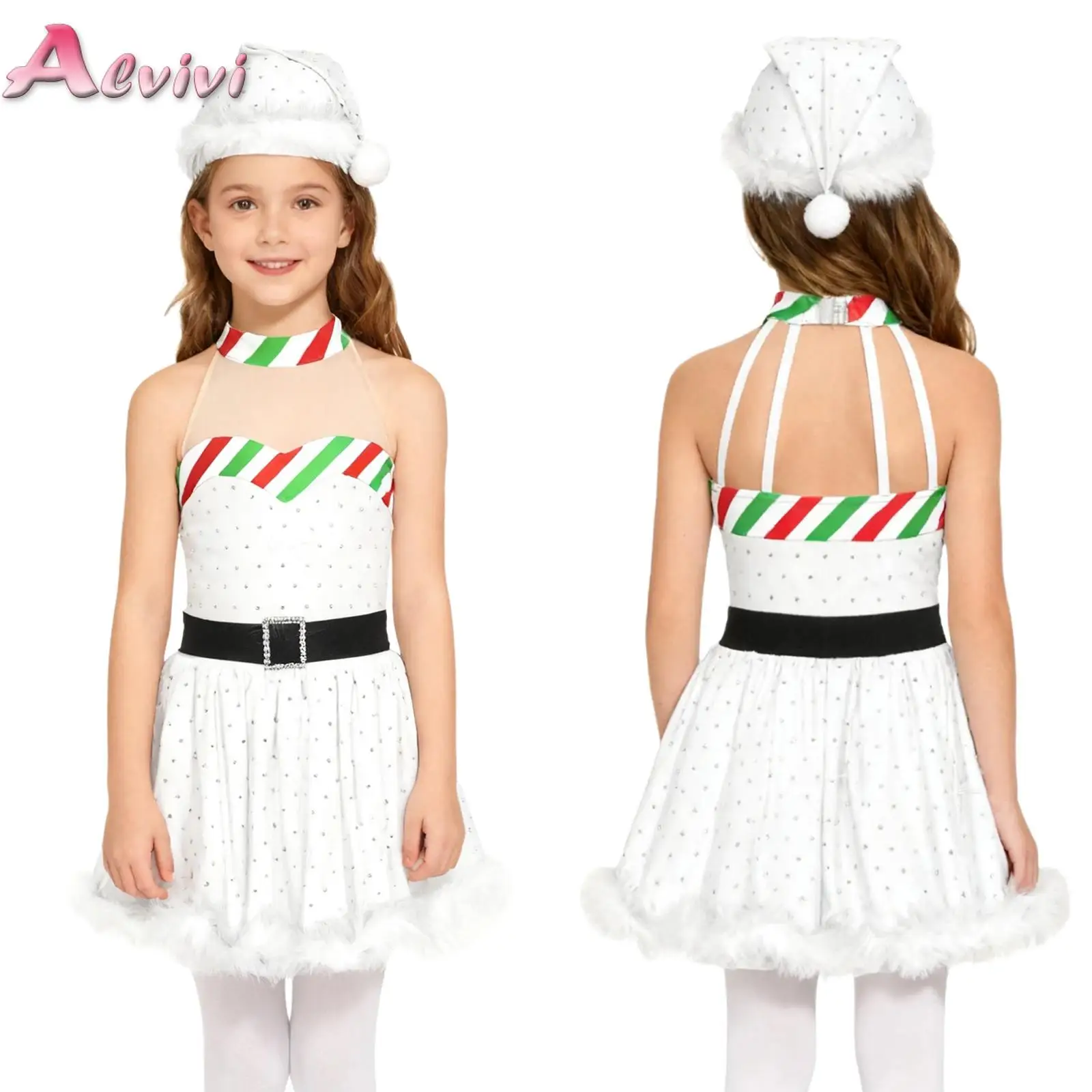 

Kids Christmas Girls Dress Sequins Santa Clause Costume Red Xmas Party Princess Dress with Hat Set Stage Performance Dancewear