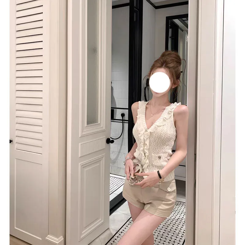 

Tea Breeze Listen to Flower Slimming Knitted Ice Hemp Sleeveless Low Waist Short Pants Women Fashion Set Summer Collection