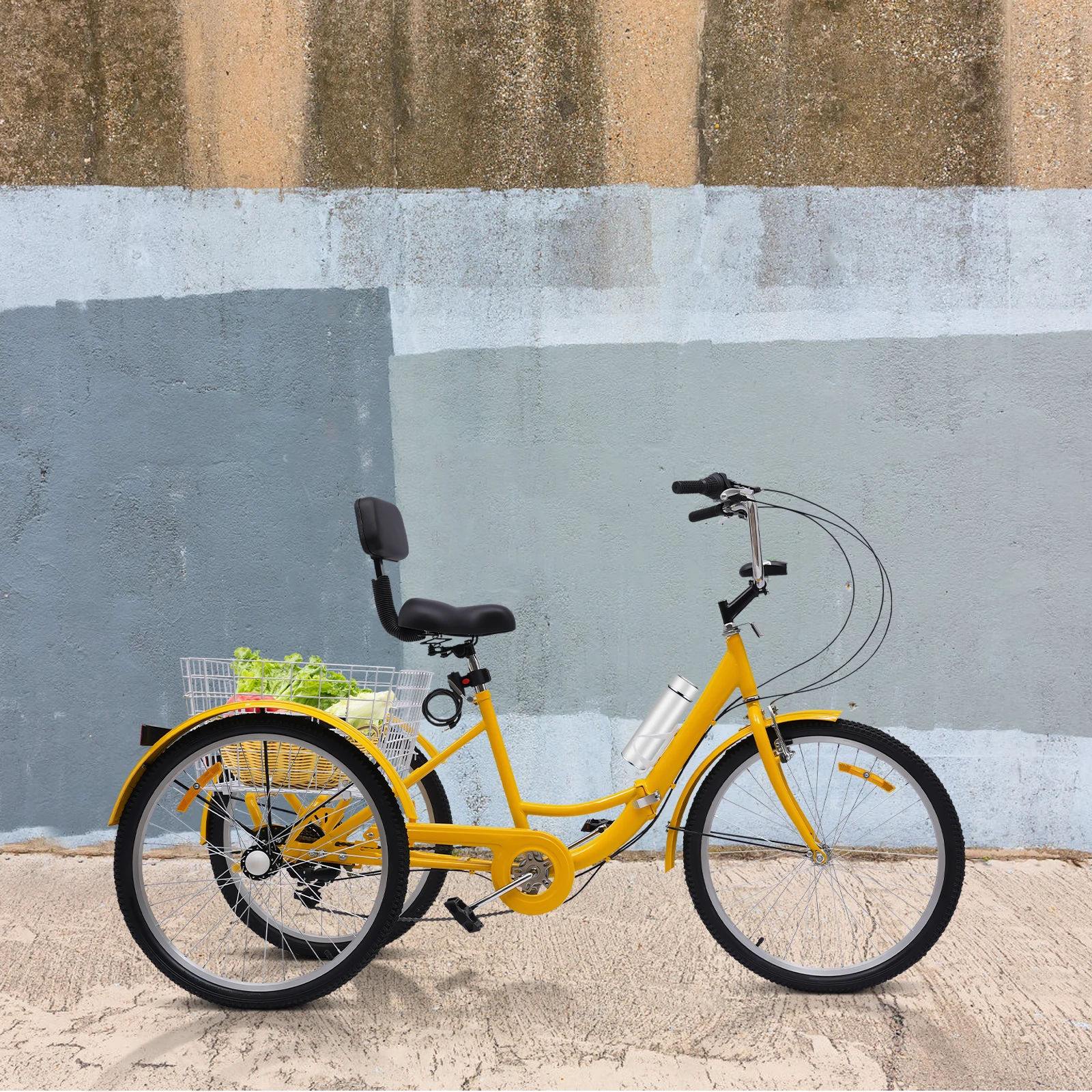 Triciclo pieghevole a 7 velocità da 24 pollici per adulti anziani Trike con cestino della spesa con luce a LED