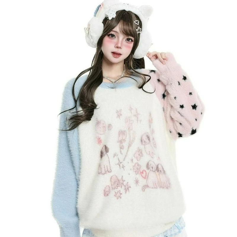 2026 الخريف/الشتاء موضة جديدة Laid-الظهر نمط فضفاض محبوك سترة علوية حلوة لطيف الكرتون خارج على الكتف سترة للنساء #1