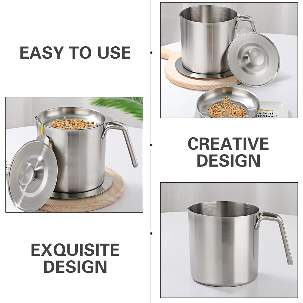 

1pc Large Capacity Stainless Steel Pot with Lid Filter Grease Storage Can Anti-Scald Handle Fine Mesh Strainer Reusable Kitchen