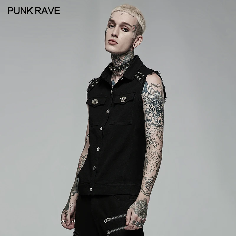 PUNK RAVE Men's Punk Daily Wear Simple Twill Black Vest Ghost Head Buckle Decoration Casual Handsome Tank Top Men Four Seasons