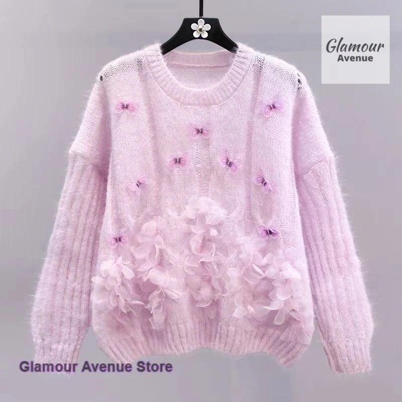 

French heavy industry three-dimensional flower sweater female spring and autumn new design sense niche loose short sweater top