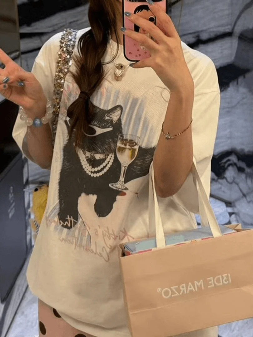 

Design Sensible Cartoon Print Short Sleeve T-Shirt And Polka Dot Half Skirt Two Piece Set for Women Summer Casual Outfit