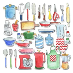 Paquete de pegatinas de utensilios de cocina de acuarela, calcomanías autoadhesivas para álbum de recortes, funda de teléfono, fabricación de tarjetas DIY, álbum, diarios, 33 piezas