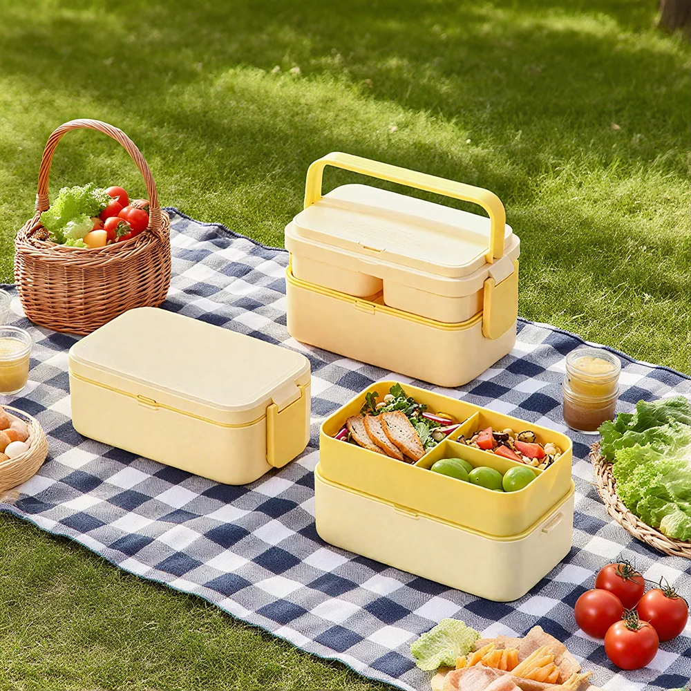 

Yellow Picnic Lunch Box Double Layer Food Storage Container Handle Camping Hiking Outdoor Portable Bento Box Travel Work School