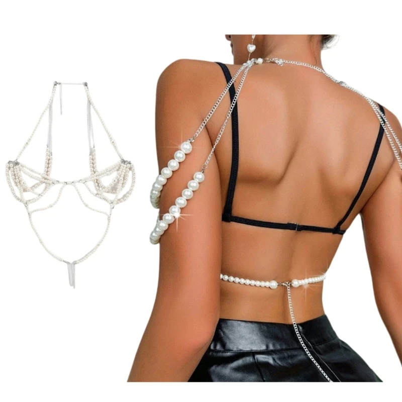 Women Sexy Multilayer Pearl Beaded Halter Backless Bras Body Chain Jewelry Top Dropship