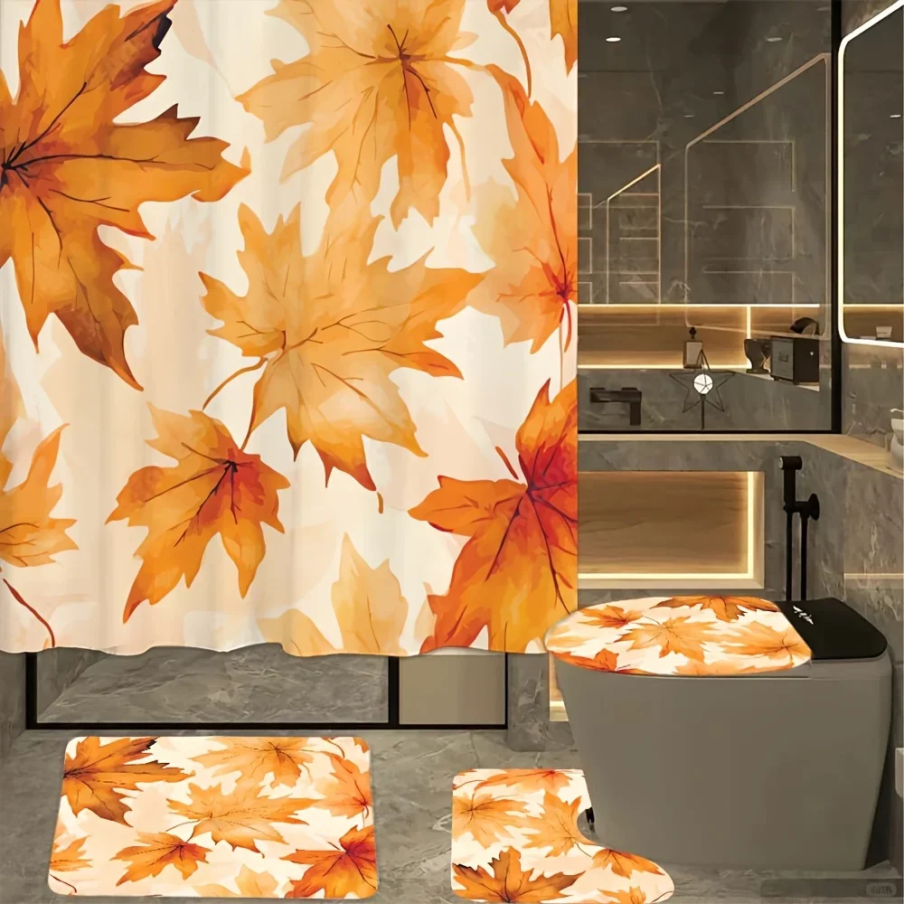 

Autumn Leaves Bathroom 4-Piece Set: Shower Curtain, Bath Mat, Toilet Cover, Tank Cover – Cozy Fall Home Decor