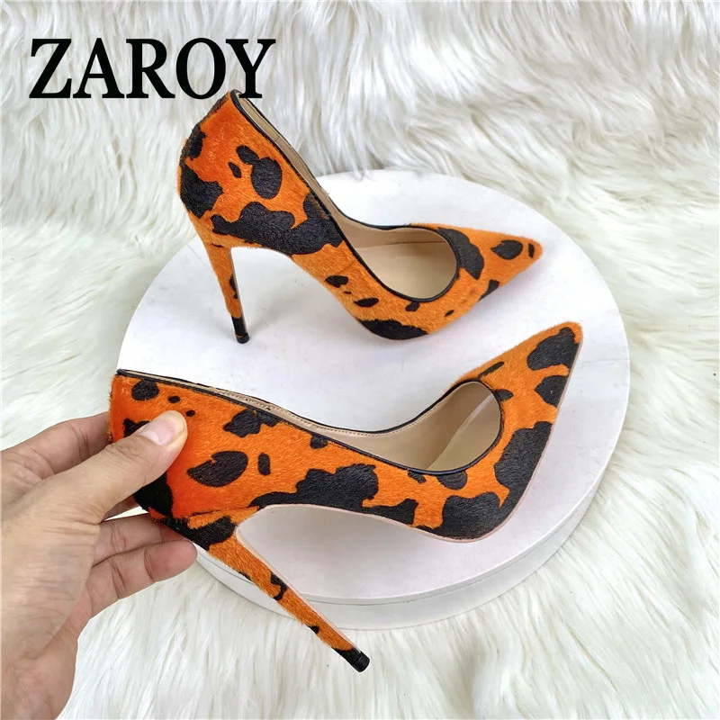 【Outlet Clearance】Camouflage Horse Hair women High Heel Shoes 12CM Thin Heel Pointed pumps Shallow Mouth Single Shoes
