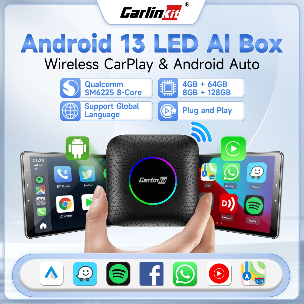 Carlinkit กล่องรับสัญญาณโทรทัศน์ไร้สายเชื่อมต่อกับอะแดปเตอร์แอนดรอยด์อัตโนมัติแบบมีสายเป็นแบบไร้สาย Android 13 8 128G กล่องอัจฉริยะสำหรับ Netflix MAZDA Kia IOS17