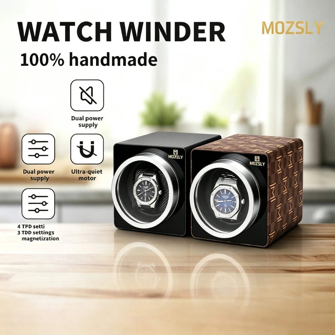 Mozsly Luxury Single Watch Winder, PU Leather & 100% Handmade, 10-20dB Ultra Quiet Motor, 4 TPD & 3 Rotation Modes, Dual Power Anti-Magnetic, for Display Case, Fits Rolex Omega