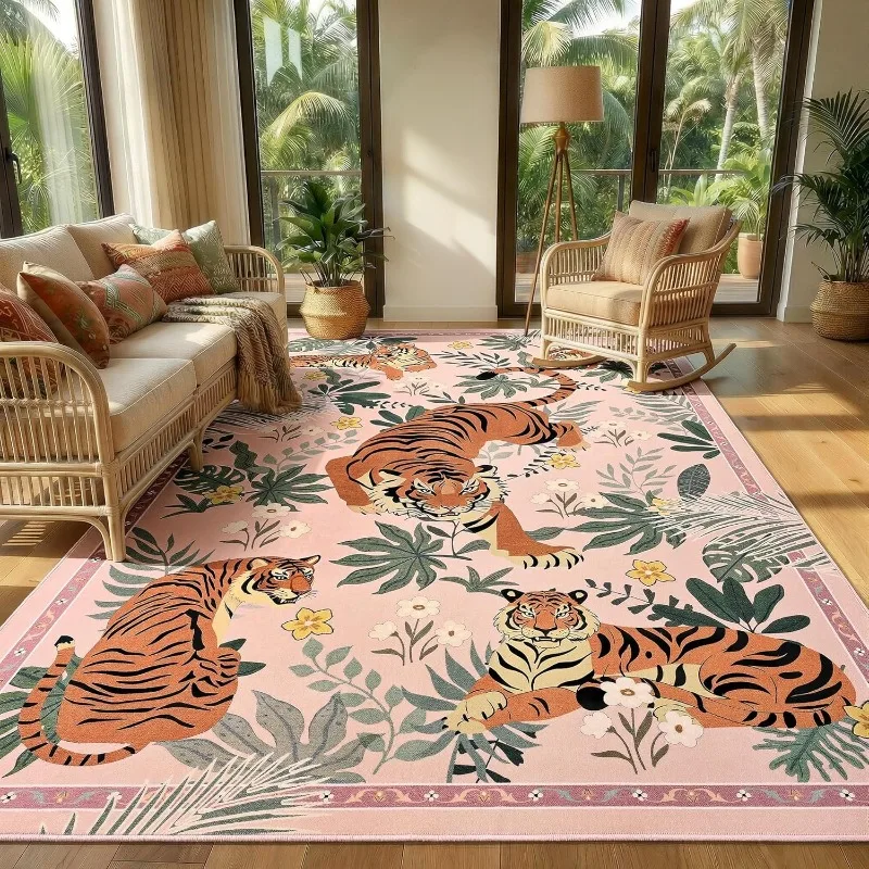 Retro Jungle Animal Patterns Living Room Carpet Machine Washable Non-slip Soft Coffee Table Floor Mat Large Bedroom Bedside Rugs