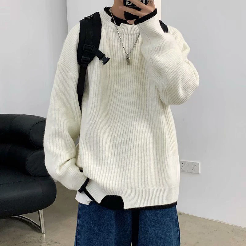 Spring And Autumn Fake Two Piece Long Sleeve Men O Neck Sweater Teenager Fashion All-match Oversized Knitted Couple Clothing Top