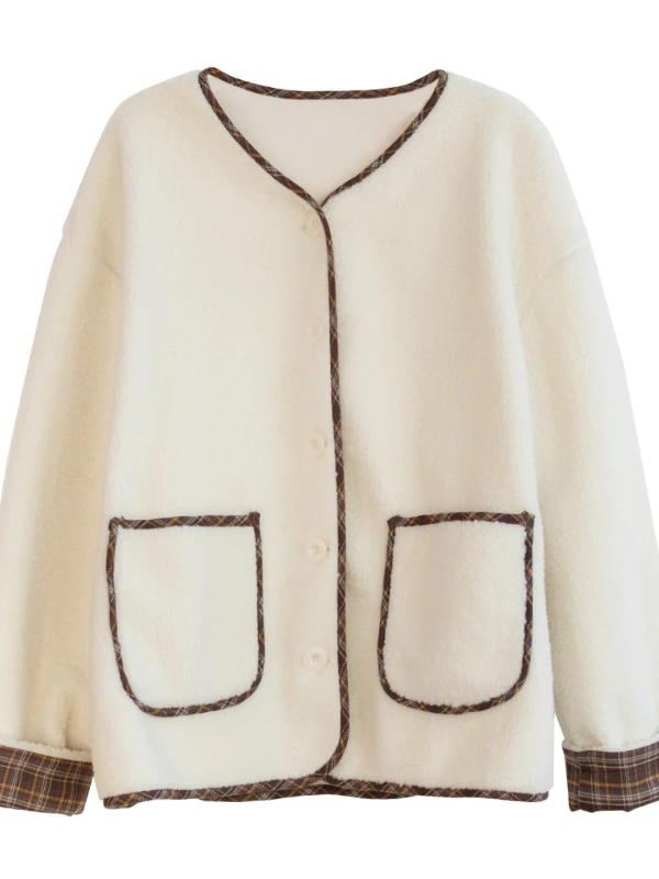 เสื้อโค้ทขนแกะเทียมสำหรับผู้หญิง รุ่นใหม่สำหรับฤดูหนาว ไซส์ใหญ่พิเศษ สำหรับสาวอวบ สไตล์เรโทร คอวี ติดกระดุม แขนยาว