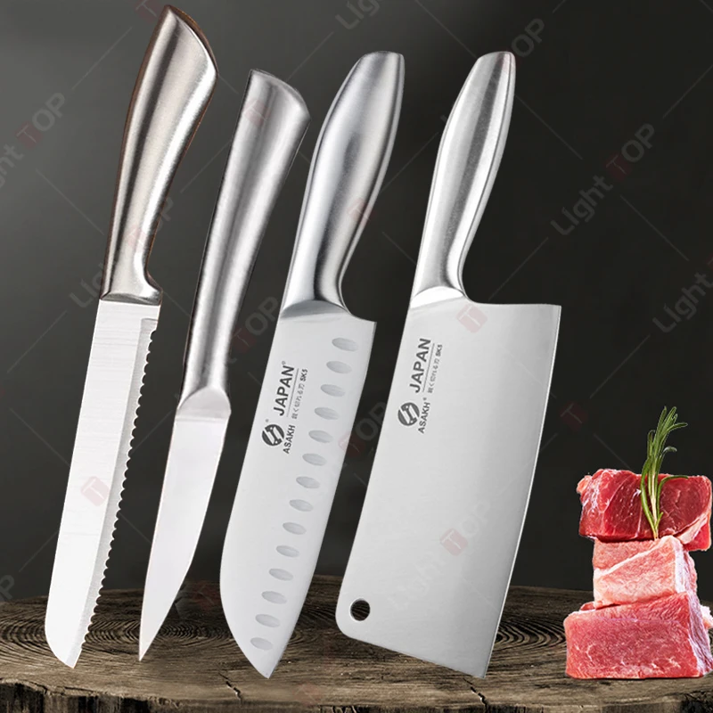 Juego de cuchillos de cocina profesionales totalmente de acero, cuchillo Santoku de 7 pulgadas, cuchillo para deshuesar carne, accesorios de cocina para cortar pan
