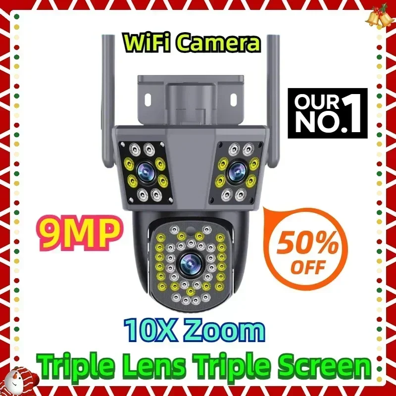 

10X Zoom 9MP WiFi Camera Outdoor Security CCTV Triple Lens Triple Screen Ai Track Mini Video Surveillance Camera IPC360 Home