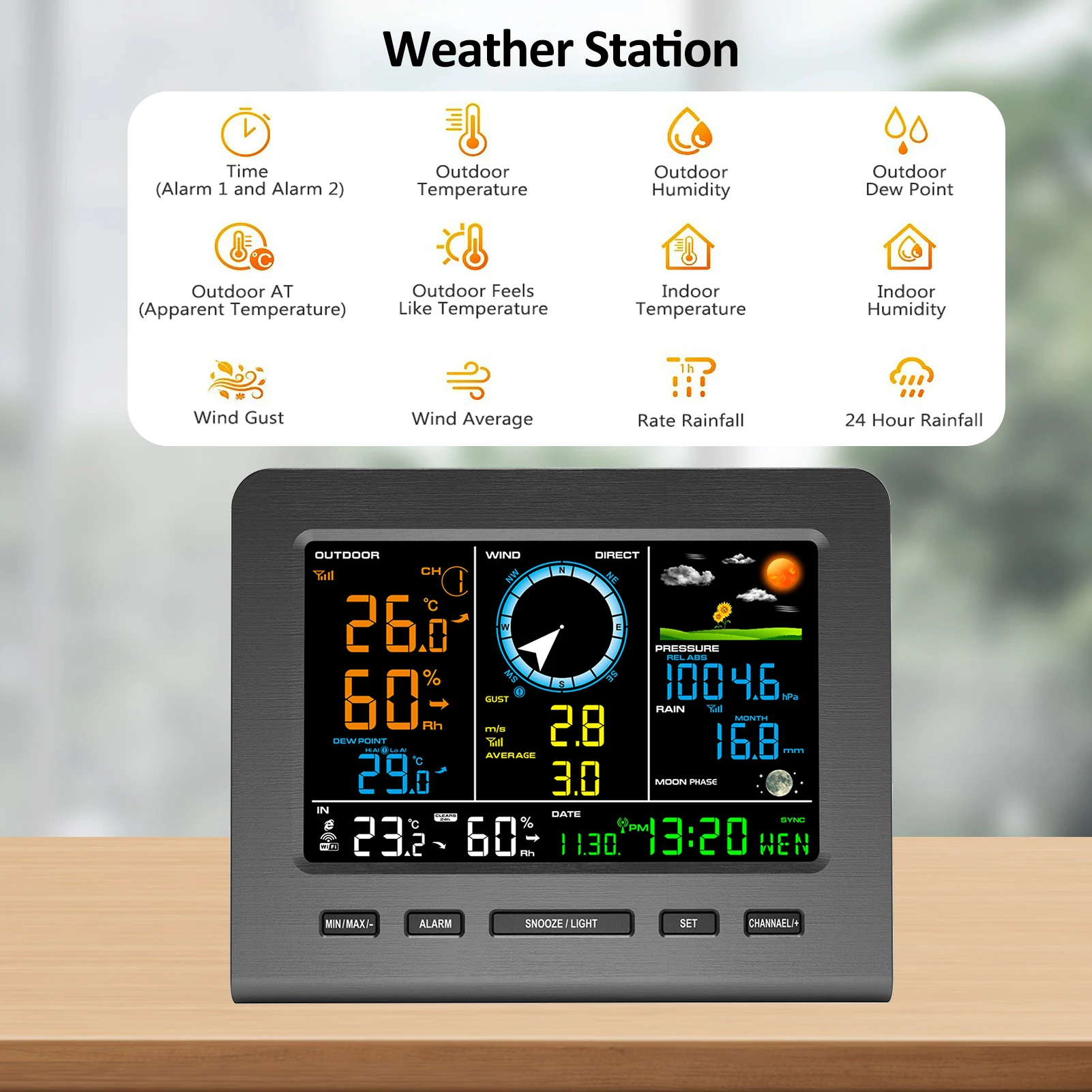 0366-WF Wireless Weather Station with Outdoor Sensor, Weather Station with Weather Forecast, Temperature, Air Pressure, Humidity