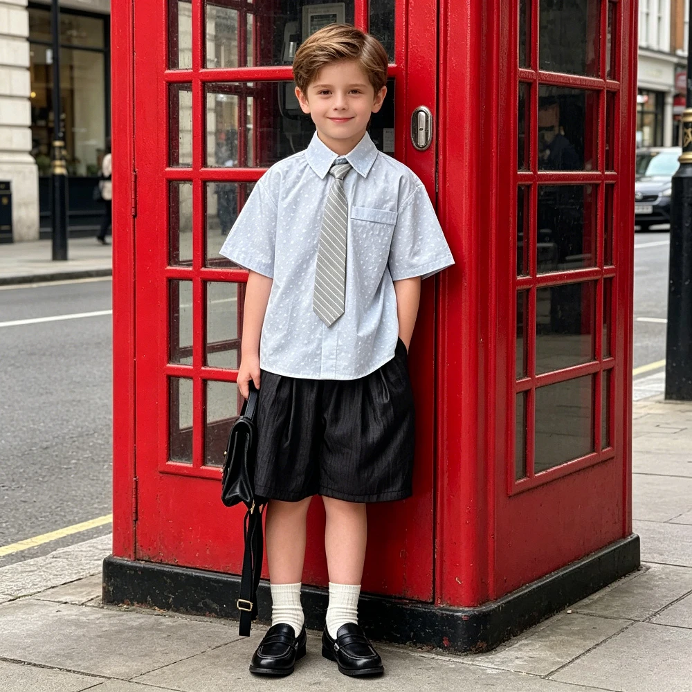 

Teen Boys Costumes School Suspender Outfit Polka Dot Shirt Striped Tie Elastic Waist Shorts Set Kids Wedding Casual Daily Wear