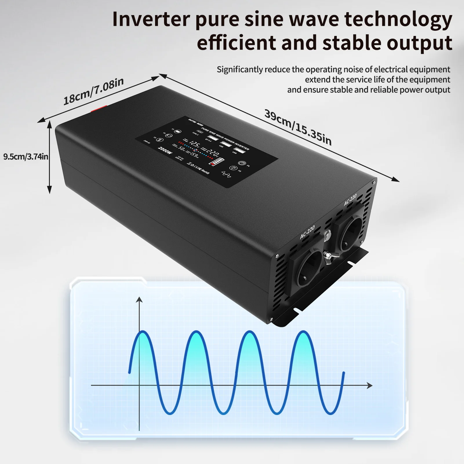DATOUBOSS Zuivere Sinus Omvormer DC12V-24V naar AC220V-240V Draagbare Auto Omvormer Continu Vermogen 2000W Piekvermogen 4000W